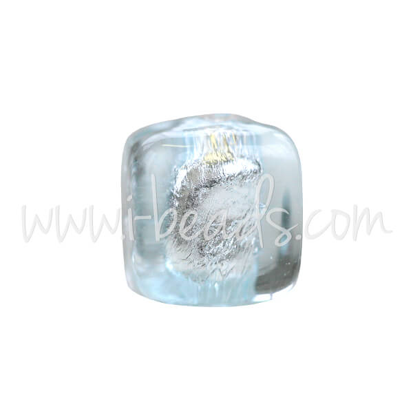 Murano bead cube pale blue and silver 6mm (1)