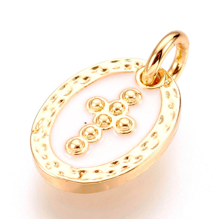 Charm, pendant golden brass and white enamel whith cross 9mm + ring (1)
