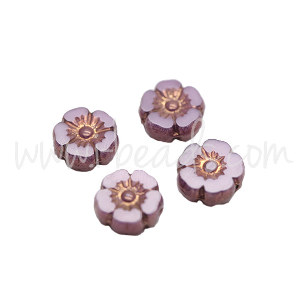 Czech pressed glass beads hibiscus flower pink and bronze 9mm (4)