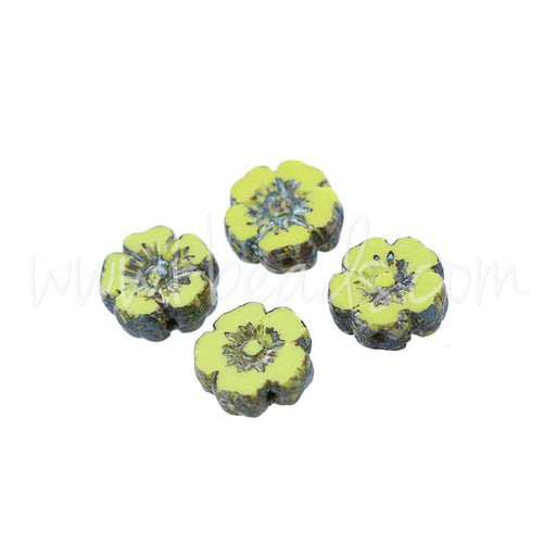 Czech pressed glass beads hibiscus flower green and picasso 9mm (4)