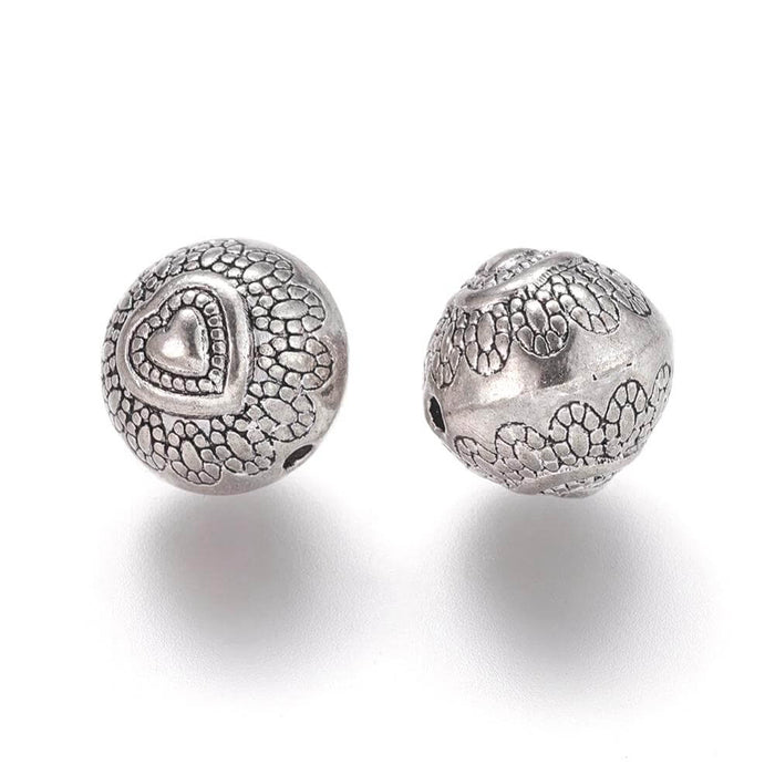 Beads, round with heart, metal nickel free color Silver 10mm (2)