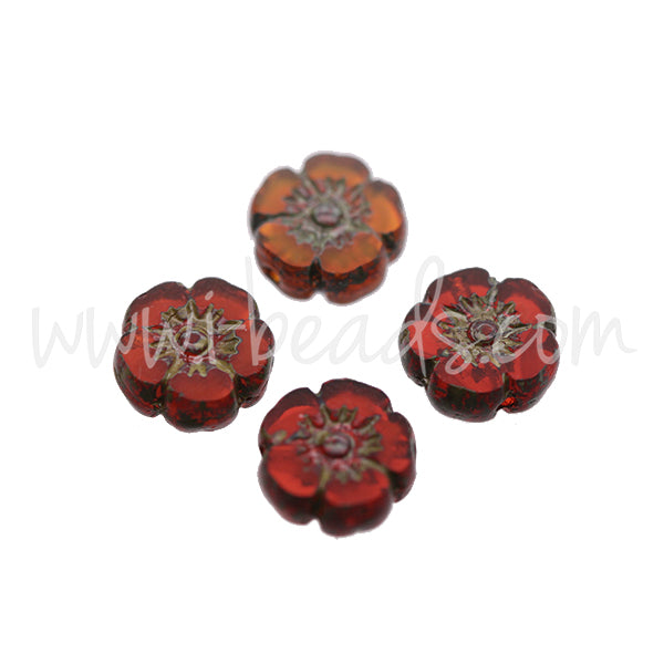 Czech pressed glass beads hibiscus flower orange and picasso 9mm (4)