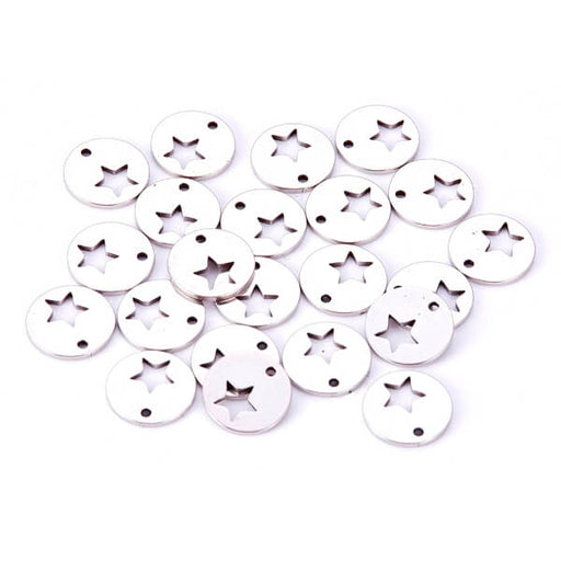 Stainless Steel Charms, pendant, flat round medal withstar,12mm (2)