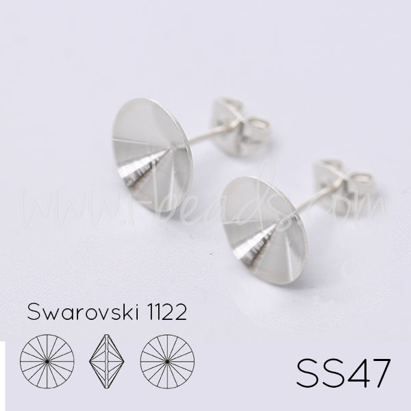 Cupped stud earring setting for Swarovski 1122 rivoli SS47 Rhodium plated (2)