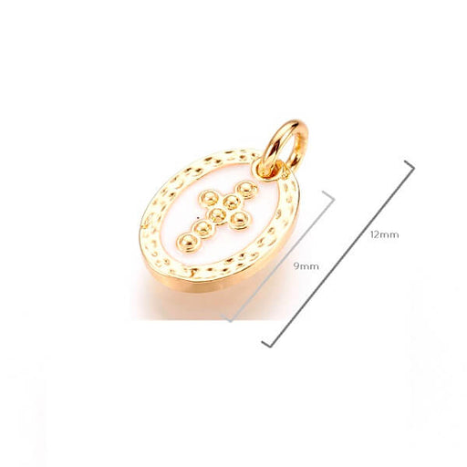 Buy Charm, pendant golden brass and white enamel whith cross 9mm + ring (1)