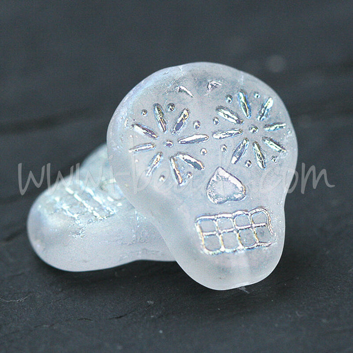 Czech pressed glass sugar skull crystal matte and AB 15x19mm (2)