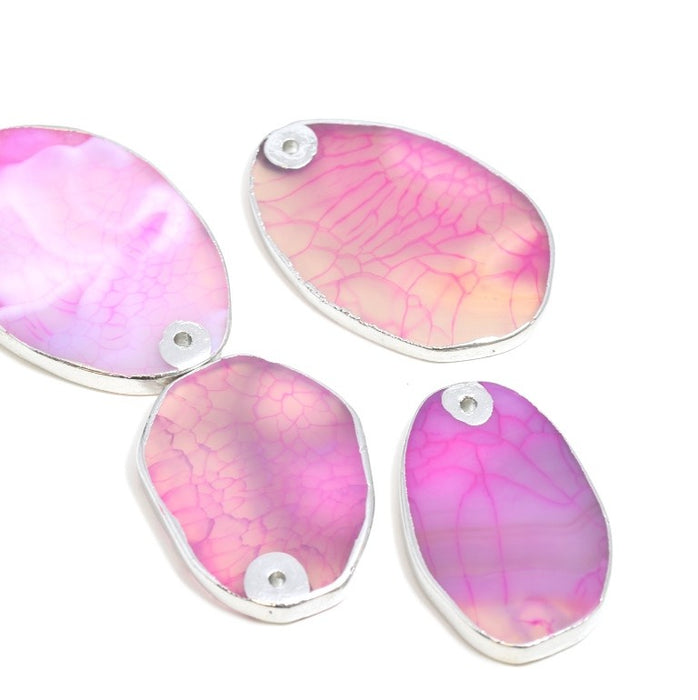agate PINK slice pendant set with Rhodium brass - approx 4.5 cm x 2.5 cm
