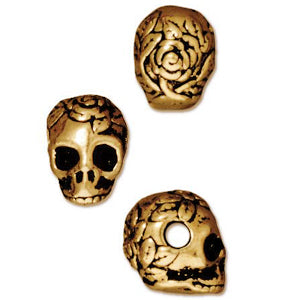 Skull and rose bead horizontal large hole metal antique gold plated 10mm (1)