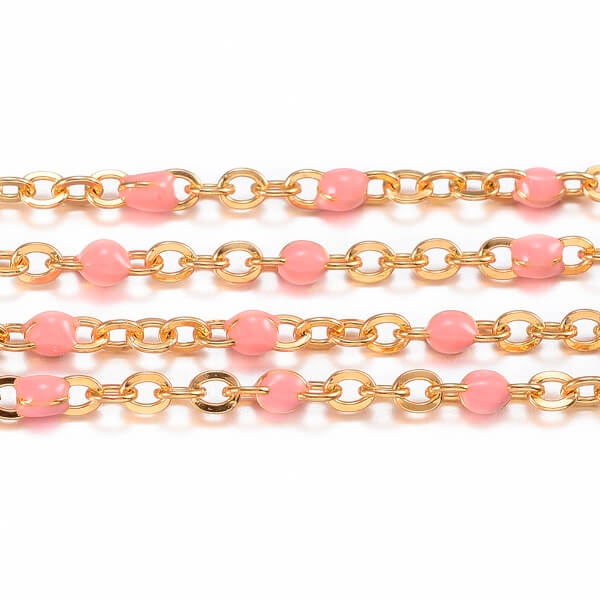 Stainless Steel fine Chain, Golden with PINK enamel , 2x1.5x0.5mm (50cm)
