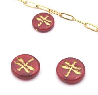Buy Czech pressed glass beads Dragonfly red opaline and gold 12mm (2)