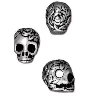 Buy Skull and rose bead horizontal large hole metal antique silver plated 10mm (1)