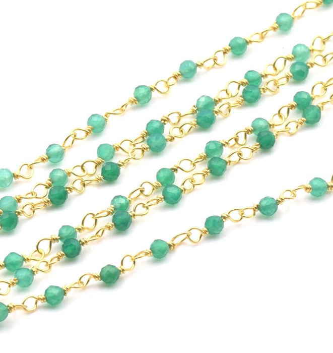 Rosary chain Silver GOLD plated and green onyx beads 2 mm (10cm)