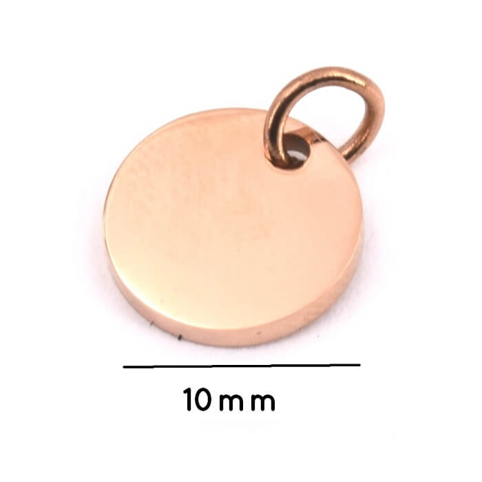 Stainless Steel Pendant charm, flat Round tag with ring, Rose Gold, 10mm (1)