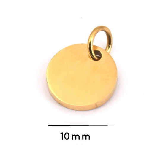 Stainless Steel Pendant charm, flat Round tag with ring, GOLD 10mm (1)