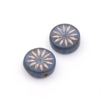 Czech pressed glass beads COIN Flower montana matte and platinum 12mm (4)