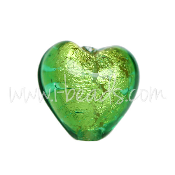 Murano bead heart green and gold 10mm (1)