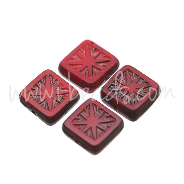 Czech pressed glass beads square with star red and picasso 10mm (4)