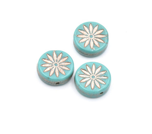Czech pressed glass beads COIN Flower Turquoise and silver 12mm (4)