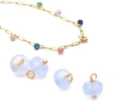 Charms Natural Jade CHALCEDONY BLUE colour beads 8mm + ring gold plated ( 2 beads)