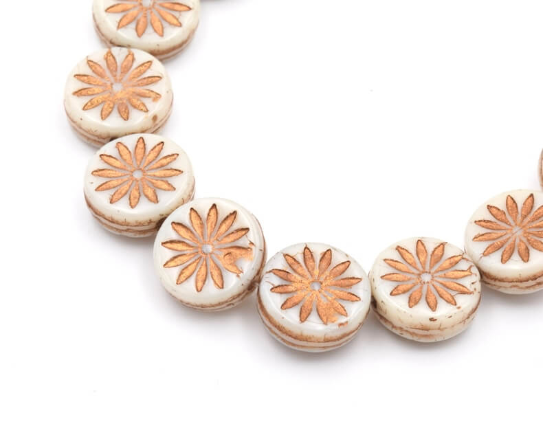 Czech pressed glass beads COIN Flower ivory and bronze 12mm (4)