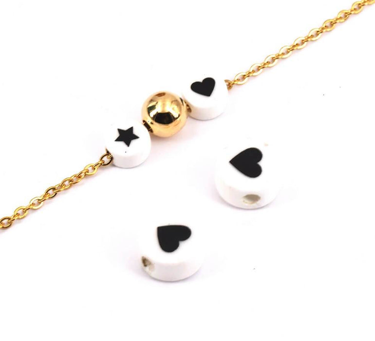 Round Porcelain Beads With Heart Black 8mm, 2mm Hole